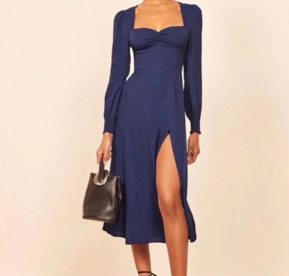 Reformation navy midi dress with slit size 14